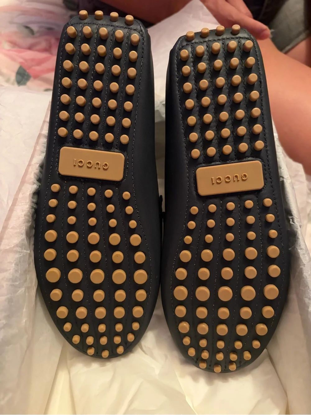 Gucci Kids Navy Leather Loafers with Red Stripe and Silver Bit
